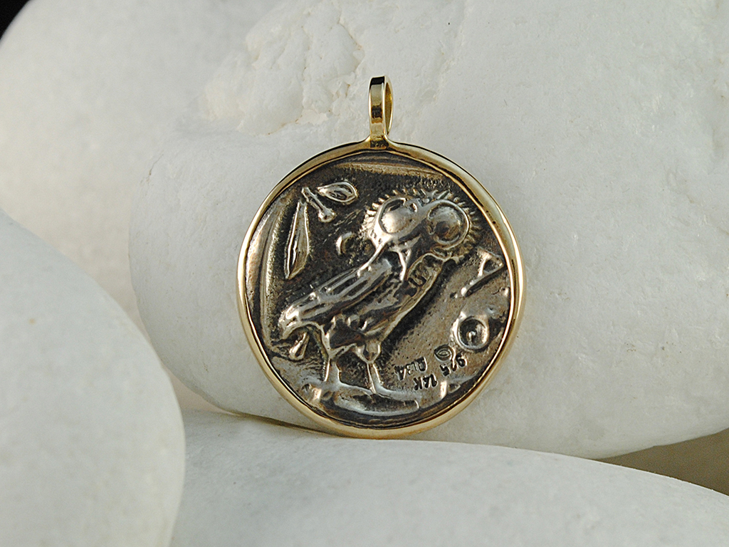 Ancient Greek Goddess Athena & Owl Coin Pendant - 925 & 14K by A ...